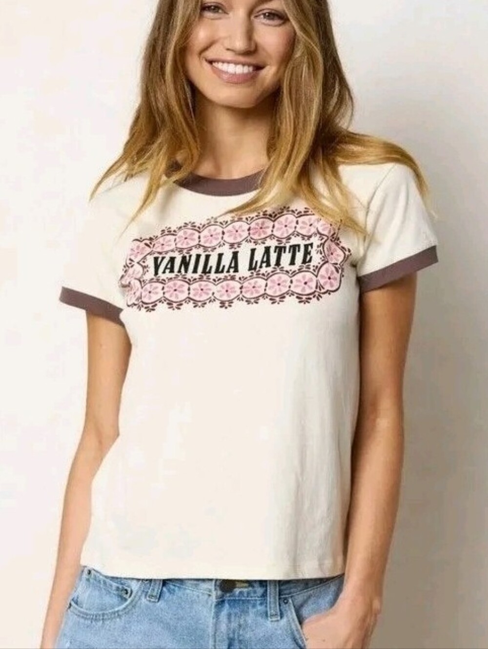 Natural Life NEW Vanilla Latte Ringer Graphic Cotton Baby Tee Top SZ XS Boho